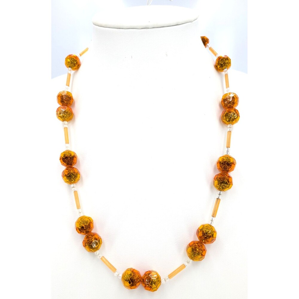West Germany Bead Necklace Orange Amber Plastic Faceted Barrel Beads 24in Long